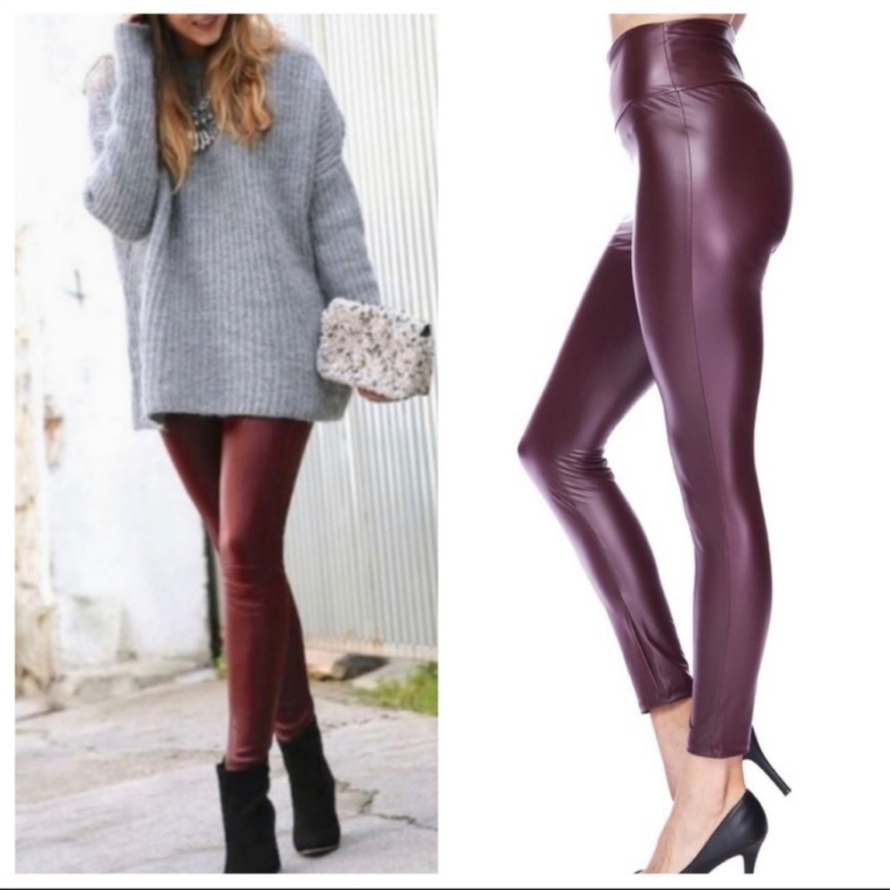 High Waist Burgundy Stretch Pleather Leggings NWT​